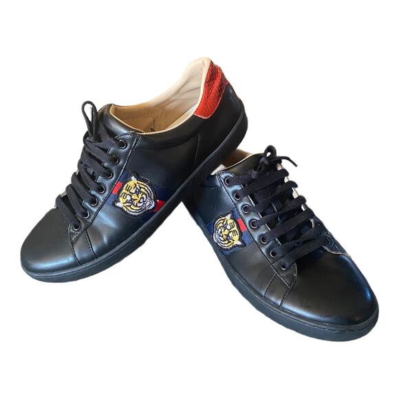 Gucci Ace Embroidered Tiger low-top black leather sneaker size 8 - Picture 1 of 6
